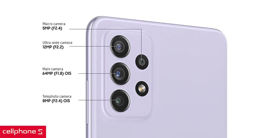 Cụm 4 camera: Chính 64 MP & Phụ 12 MP, 5 MP, 5 MP, camera trước 32MP ấn tượng